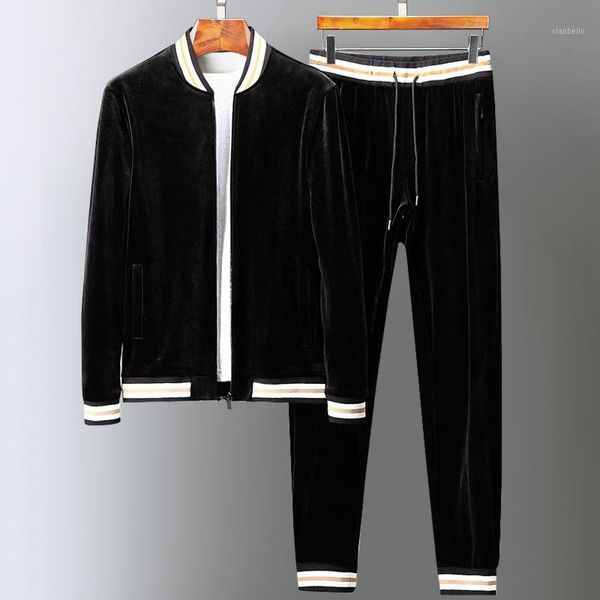 

new velvet mens sets (sweatshirts+pants) luxury stand collar thick men hoodies fashion elastic waist man pants plus size 5xl1, Gray