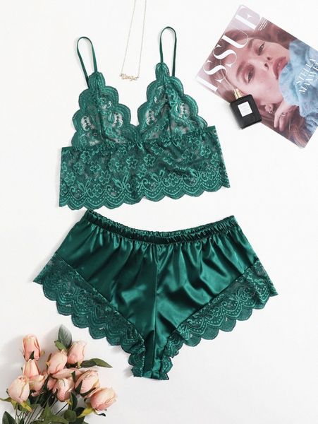 

plus floral lace bralette & shorts j9in#, Black;white