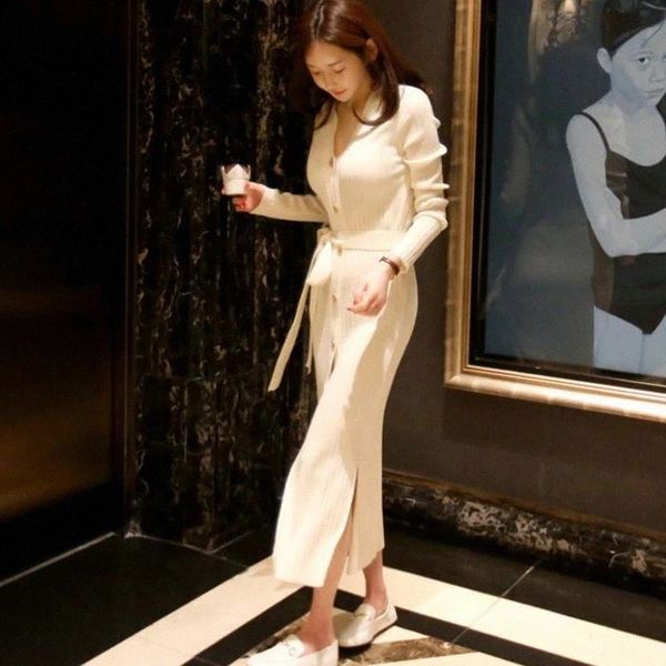 

jxmyy autumn and winter new fashion and elegant pure color loose mid-length thin knitted cardigan dress with tie waist #ka7r, Black;gray