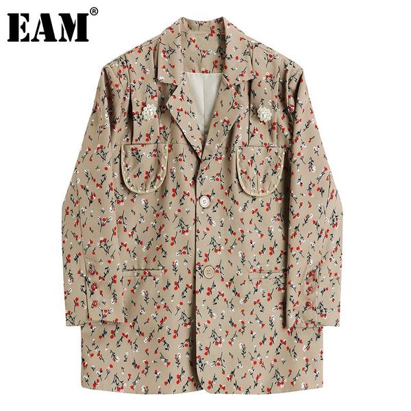 

eam] women khaki pattern printed big size blazer new lapel long sleeve loose fit jacket fashion spring autumn 2021 1dc4860, White;black