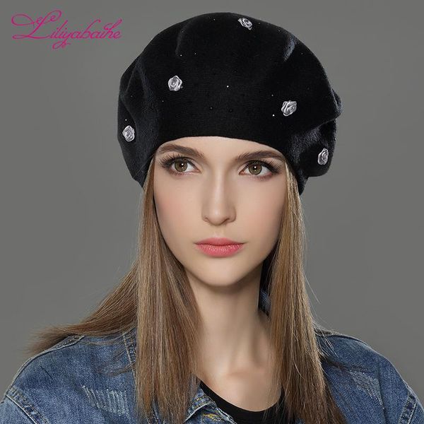 

liliyabaihe new stylewomen winter hat wool angora knitted berets cap solid colors fashion the most popular decoration roses caps, Blue;gray