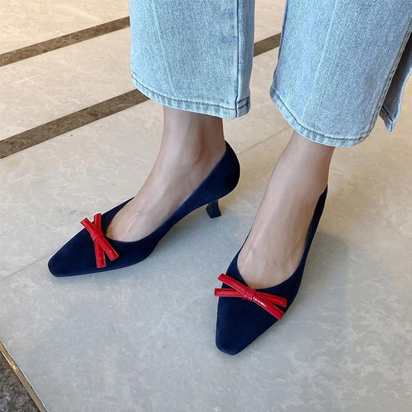 

blue suede women dress pumps pointed toe single shoes woman bowknot shallow high heels work shoes designer chaussure femmes, Black