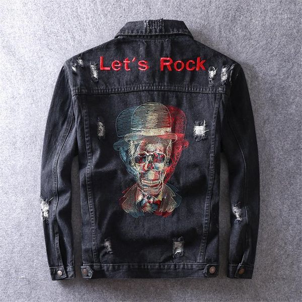 

men's jackets kimsere fashion men's ripped hip hop rock jean with skull embroidery hi street distressed denim trucker jacket outer, Black;brown