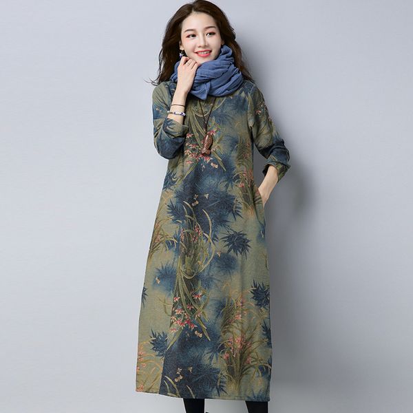 

2021 new woolen dressed in red female turtleneck high autumn winter printing of vintage light gowns wxf652 oqy8, Black;gray