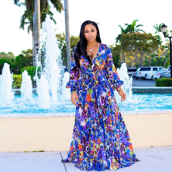 

2021 the new new neckline in v deep feminine long floral sleeve printed split chiffon party dress swing 4nmu, Black;gray