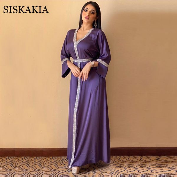 

siskakia satin maxi dress for women turkey arabic diamond v neck long sleeve jalabiya muslim islamic ethnic abaya 2020 fall new y0118, Black;gray