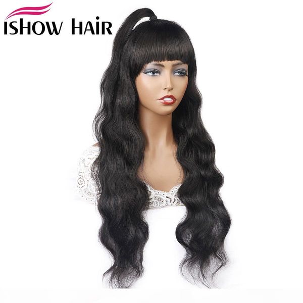 

ishow brazilian loose deep straight human hair wigs with bangs peruvian curly none lace wigs indian hair malaysian body wave, Black;brown