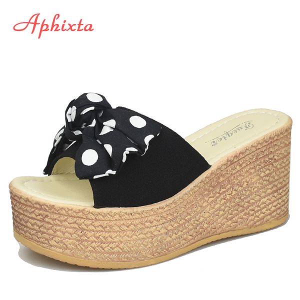 Aphixta floco de neve arco 9cm cunha chinelos plataforma apliques flor coelho meninas praia antiderrapante sandálias femininas sapatos slides mulheres x1020