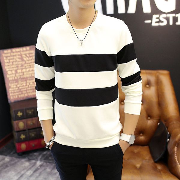

autumn 2020 striped round neck long sleeve t-shirt men's youth versatile clothing, White;black