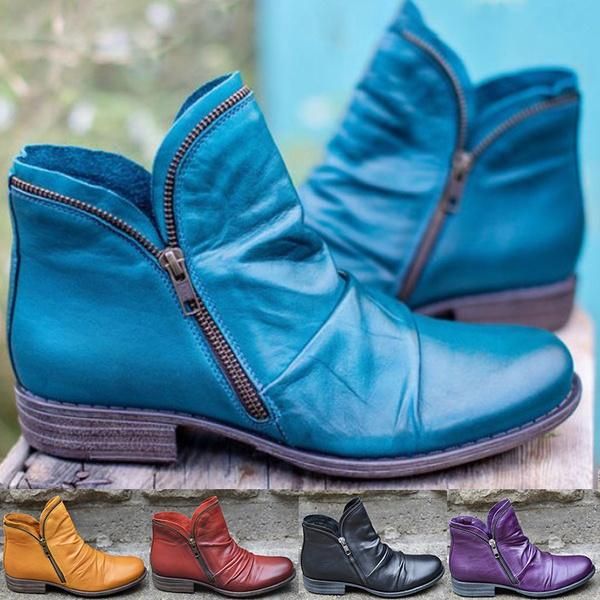 

women zipper boots autumn retro solid leather platform ankle boot casual winter round toe low heels female short boot flat shoes, Black
