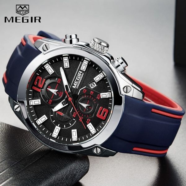 

2020 megir watch brand mens watches with chronograph waterproof silicone sport wristwatch men watch analog quartz relogio t200909, Slivery;brown