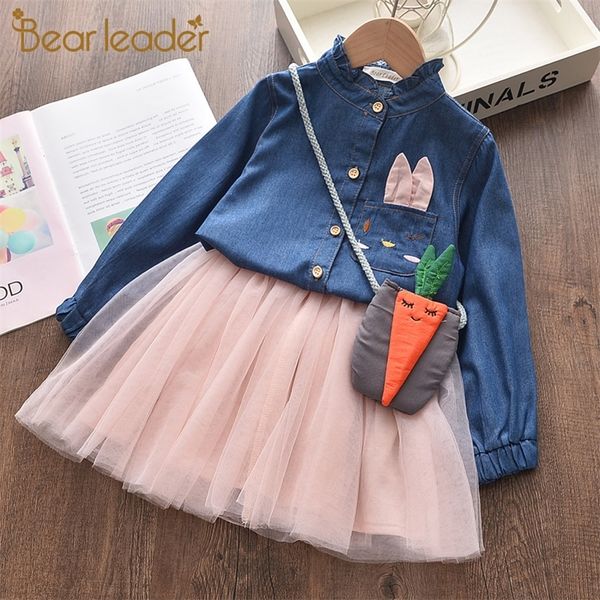 

bear leader girls dress new autumn girl cartoon bunny dress long sleeve denim embroidery mesh dress kids vestidos clothing 3 lj200923, Red;yellow