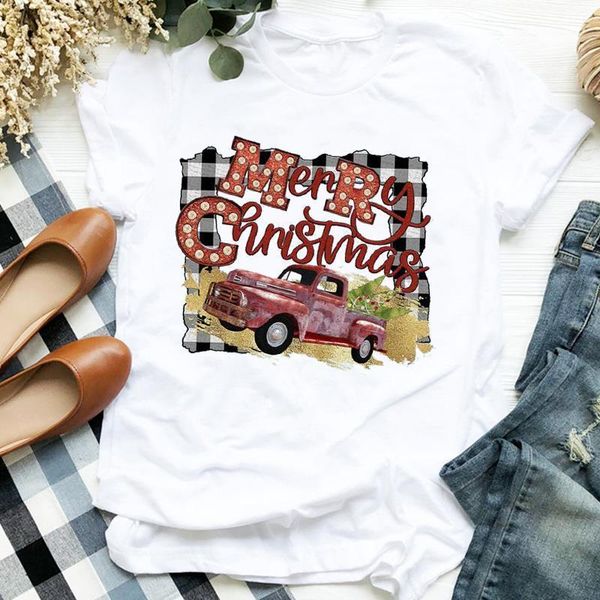 

women plaid truck tree vintage clothing holiday merry christmas clothes ladies graphic print tee tshirt female t-shirt, White