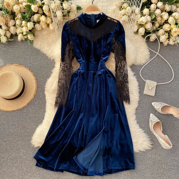 

2021 new elegant singiny dressed in retro-feminine chic splice long-sleeve lace line dresses to autumn velvet long dress 9vf4, Black;gray