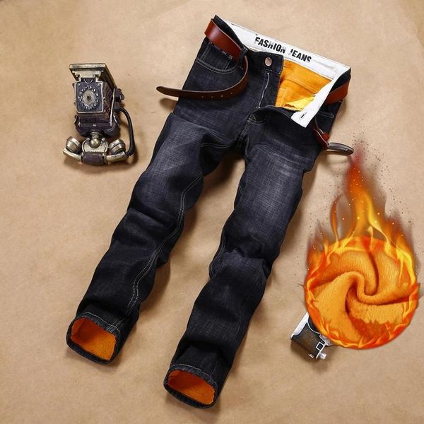 

2020 winter new thermal warm flannel stretch jeans mens fleece pants men's straight slim trousers, Blue