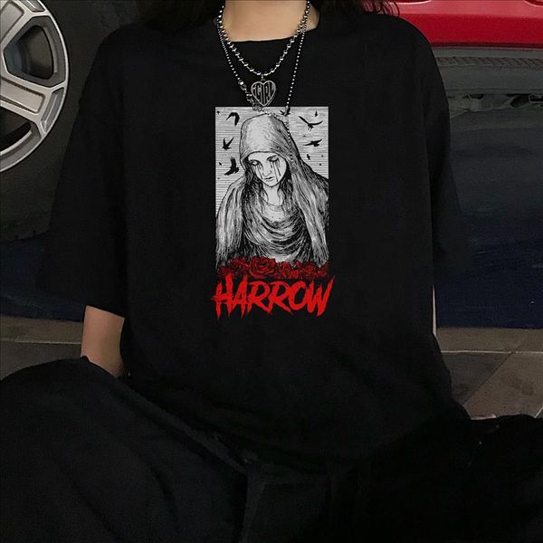 

punk gothic our lady harajuku letter rose print streetwear fun tees ulzzang summer chic casual loose vintage women t shirt, White