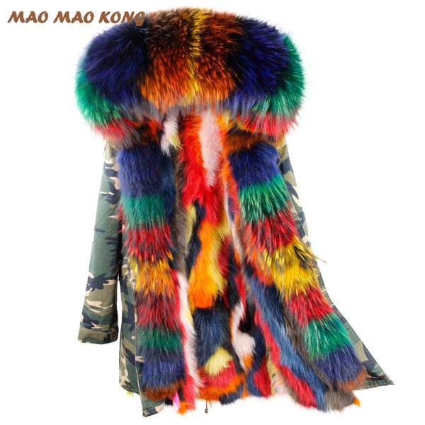 

2020 new winter jacket women long fox coat female warm jackets natural raccoon collar real fur lined parkax1019, Black