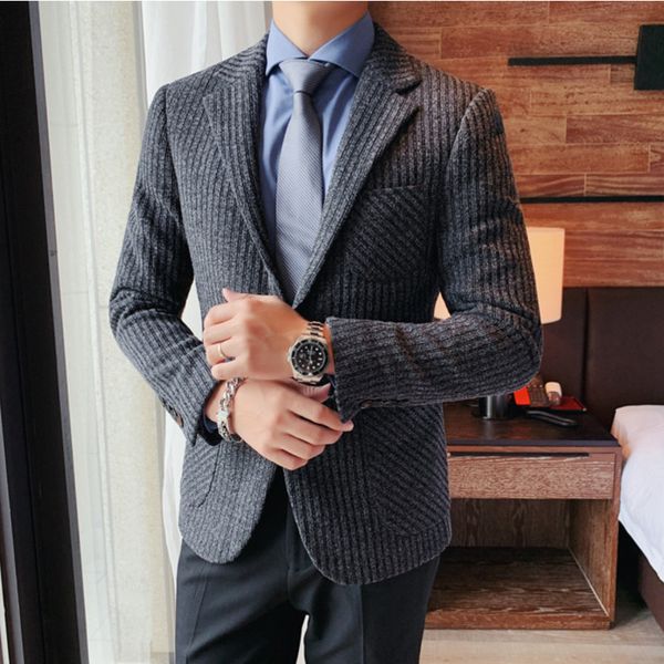 

2020 blazers of men's solid colour thin vertical hombre knitted casual autumn superior male blazer ng94, White;black
