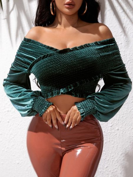 

shirred frilled off shoulder wrap cross lantern sleeve crop velvet v5rk#, White