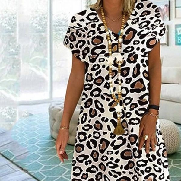 

h30 cleopard loose plus size dress women casual boho leopard print v neck short sleeve vacation dress large size mini dresses, Black