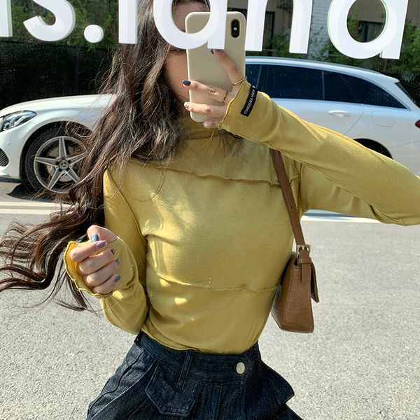 

2021 new 5 colours korean autumn shreds thin women color turtleneck long women's femme shirt sleeve (c2918) bbi1, White