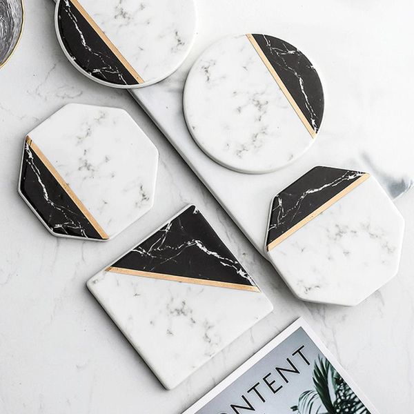 

mats & pads 2pcs/set nordic marble ceramic cup gold lines geometric pattern round square heat-insulated