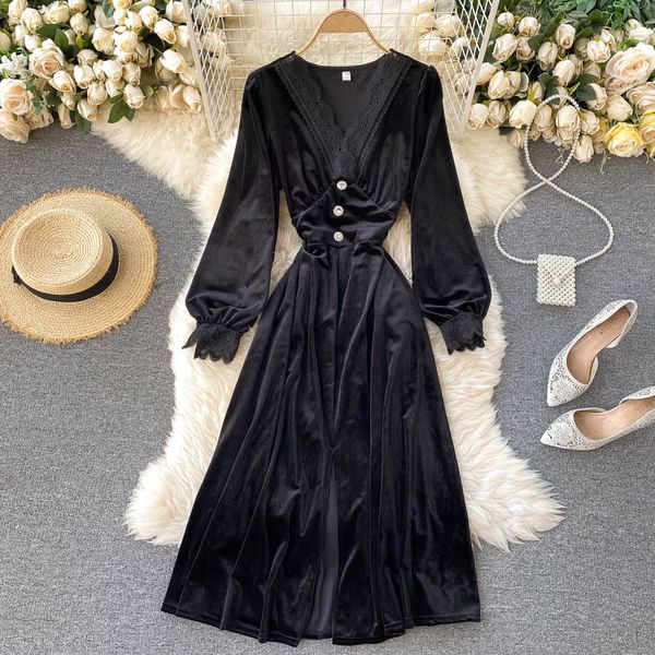 

2021 new elegant female singer retro lace neck puff solid to-line dressed fashion streetwear long dress vcr1, Black;gray