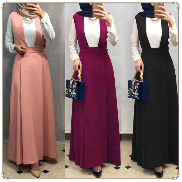 

wepbel women muslim skirt arab middle east solid fashion abaya plus size loose big swing strap long skirt islamic clothing11, Black