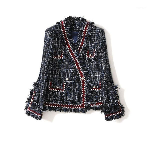 

women fashion double breasted lurex tweed tassel jacket pockets pearls button autumn winter short casual work office wool coat1, Black;brown