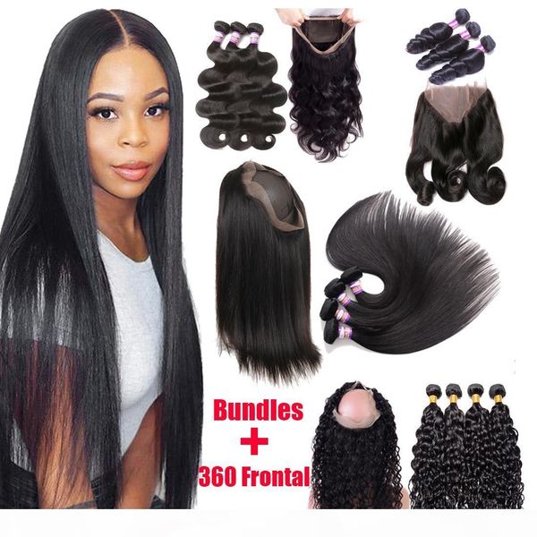 

9a brazilian virgin human hair 3 bundles with 360 lace frontal closure straight body wave loose water wave 360 lace frontal with bundles, Black;brown