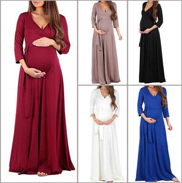 

7 floor cross belt deep v-neck / 4 sleeve maternity dress 6037#, Black;gray