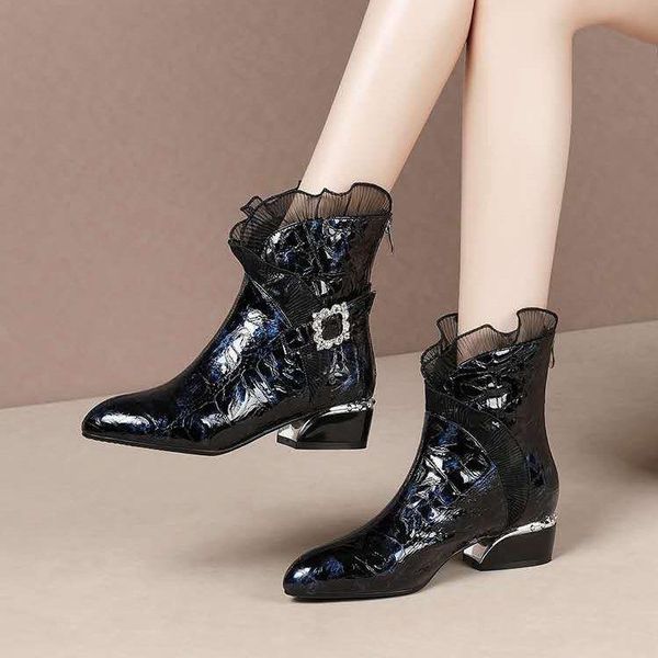 

boots european station lace women's winter patent leather short thick heel medium tube pointed thermal big, Black
