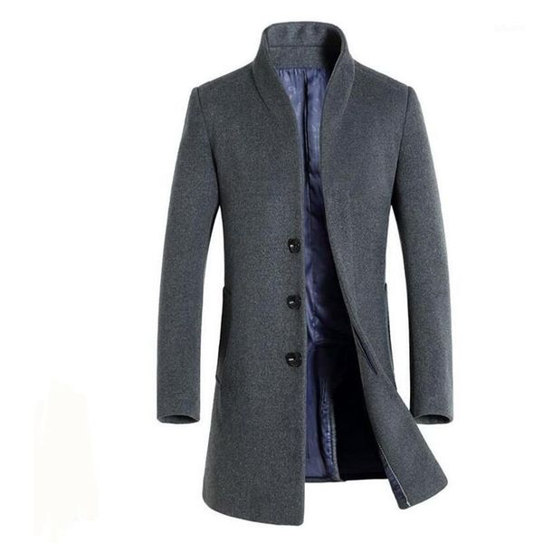 

fashion men long coat wool trench single breasted slim fit peacoat overcoat male clothes stand collar jacket parka1, Black