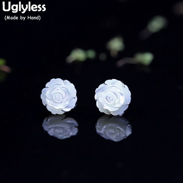 

uglyless natural shell handmade carved flower rose earrings for women 12mm floral stud earrings real 925 silver brincos e1424 220211, Golden;silver