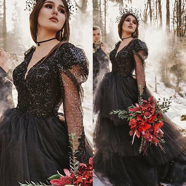 Gótico preto uma linha vestido de noiva camisa tule saia de manga longa v pescoço vintage vestidos nupciais lantejoulas laço apliques noiva vestidos de noiva país 2022