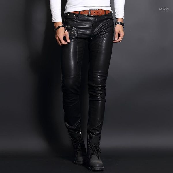 

brand korean slim fit mens faux sheepskin leather pants skinny punk man trousers full length zipper fashion pantalon hombre1, Black