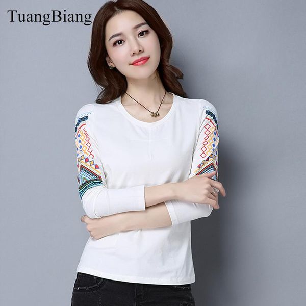 

women's t-shirt print geometric women o-neck cotton t shirts ladies long sleeve tee-shirts feminine winter autumn bottoming, White