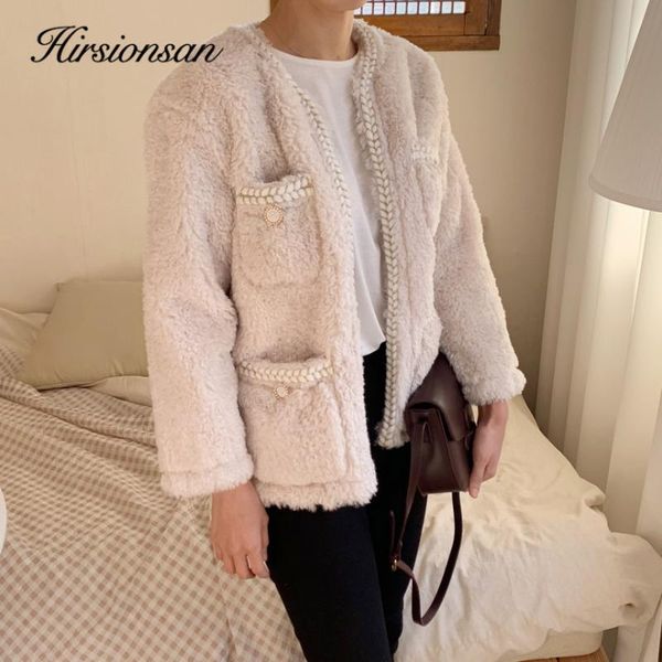 

women's fur & faux hirsionsan winter thicken warm lamb jacket coat women fleece leather female outwear elegant patchwork pocket overcoa, Black