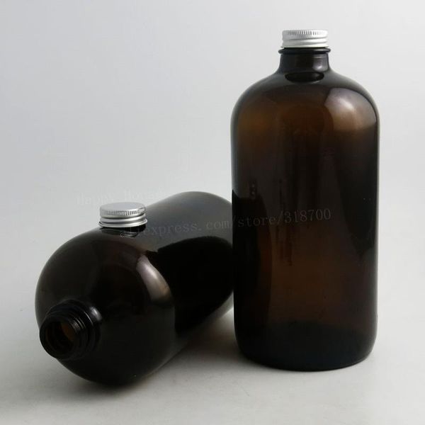 

2pcs x 1000ml deep amber brown glass boston rounds w/ lined aluminum caps 33 oz empty large packaging container