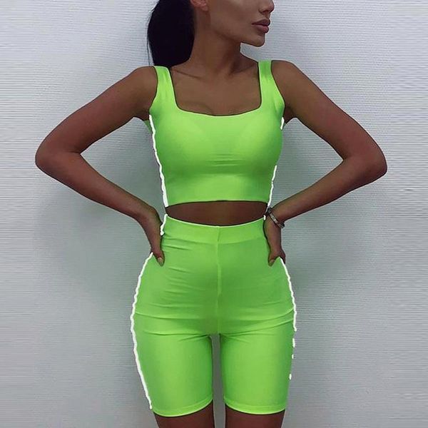 

yoga set tank vest high waist yoga shorts leggings reflective workout sports suit n66, White;red