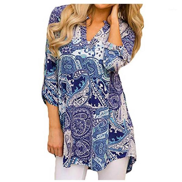 

2020 summer 3/4 sleeve slim blouses fashion women new floral print blue blouse shirts office lady v-neck blusas mujer1, White