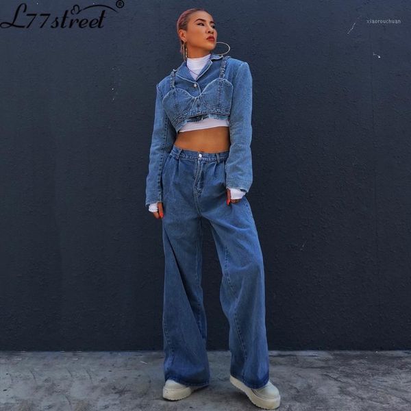 

hong kong style design denim three-piece set cotton coat wrapped chest high waist wide leg mop pants internet suit women1, White