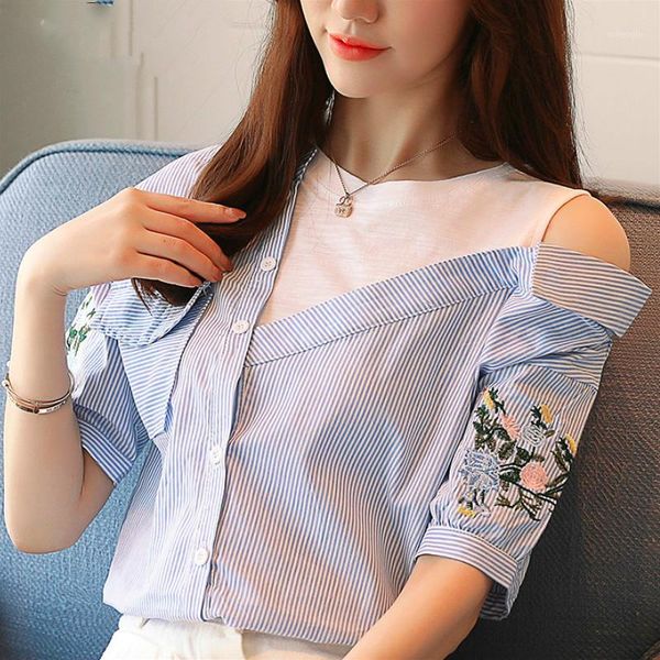 

women shirts 2020 white shirts blouse ladies korean fashion clothing striped embroidery blouse women 2701 501