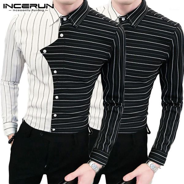 

incerun streetwear men stripe patchwork long sleeve dress shirt lapel fashion joker button slim fitness mens casual blouse 20191, White;black