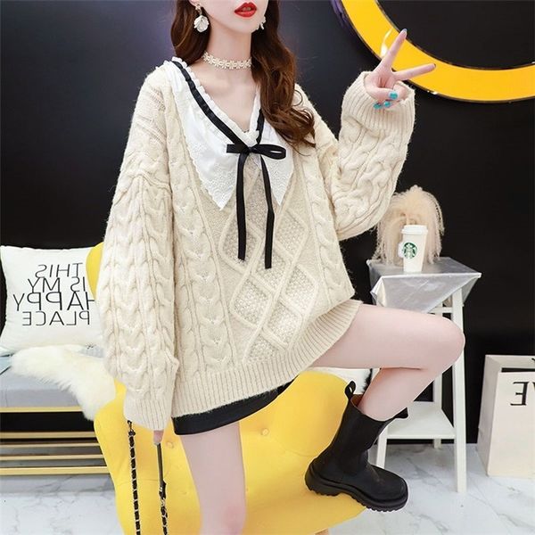 

2021 new back hemp solid-colored pullover flowers for women autumn/winter ribbon with loose-v-low neckline attached to sweet sweater kv4g, White;black