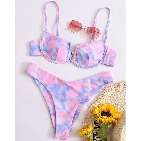 

myteng tie-dye 2 piece set bikini v-neck swimming suit for women low waist push up swimsuit underwire swimwear thong biquini, White;black