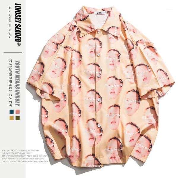 

lindsey seader funny boy face full printing mens shirts turn down collar hawaiian long sleeve shirts streetwear clothing, White;black