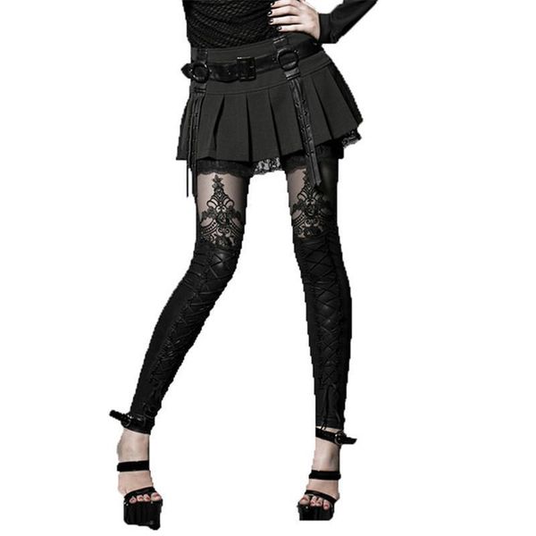 

punk women faux leather leggings victorian lace-up flocking black leggings slim-fitting hollow-out lace leggings drop shipping