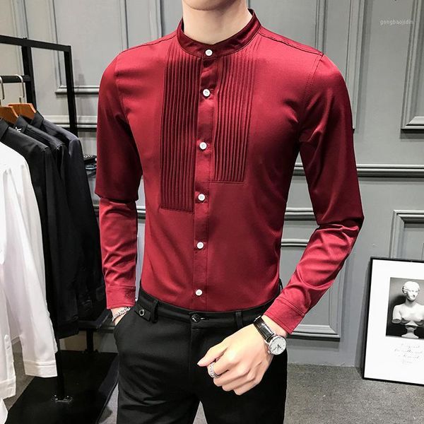 

slim fit stand collar men shirt long sleeve slim fit mens tuxedo shirts black white burgundy dinner christmas shirt male v3331, White;black