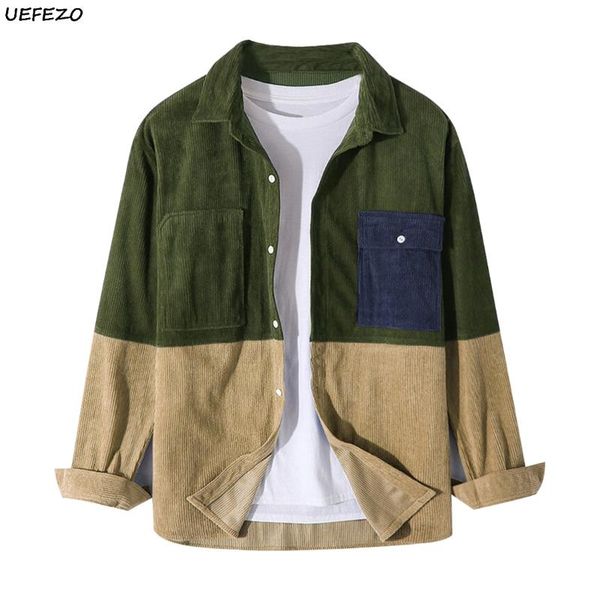 

uefezo cotton corduroy shirt men contrast color patchwork corduroy jacket outerwear men's business shirt bottoming blouses coat, Black;brown